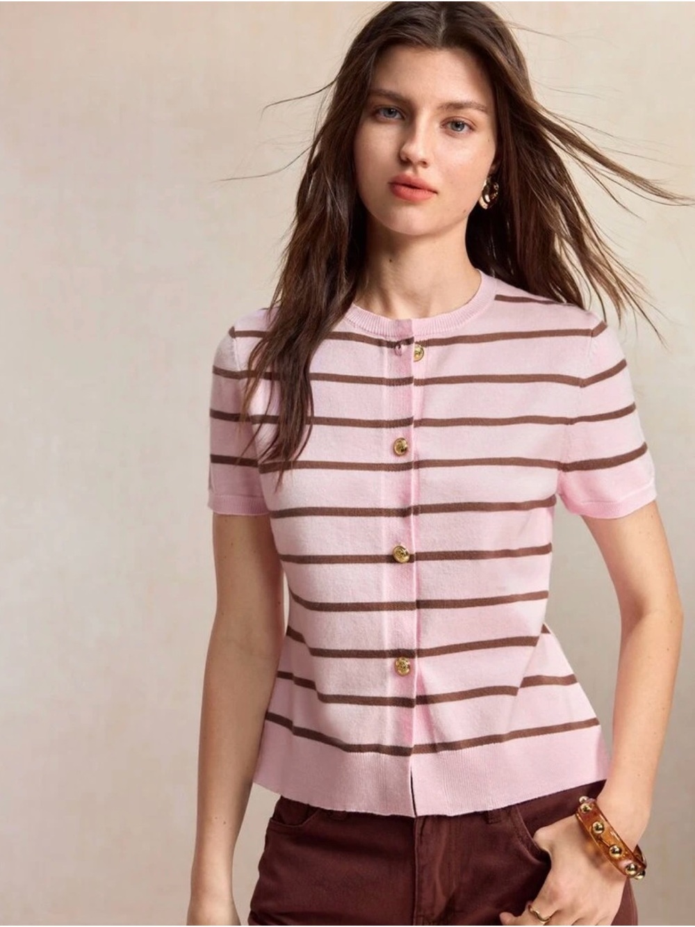 SHEIN Pink and Brown Striped Button-Up Short Sleeve Top